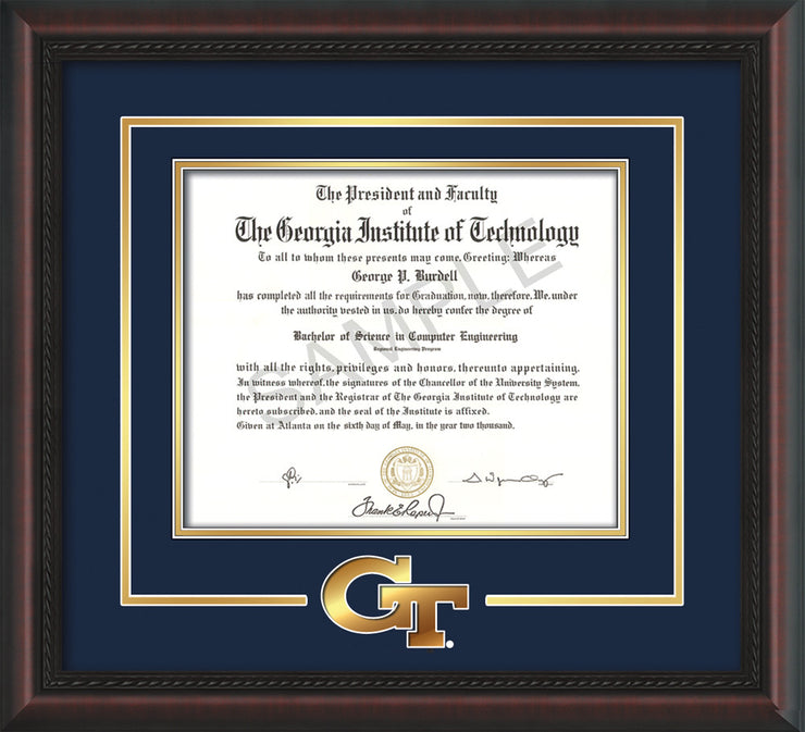 Image of Georgia Tech Diploma Frame - Mahogany Braid - w/3-D Laser GT Logo Cutout - Navy on Gold mat