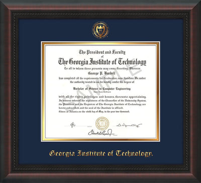 Image of Georgia Tech Diploma Frame - Mahogany Braid - w/Embossed Seal & Name - Navy on Gold mat