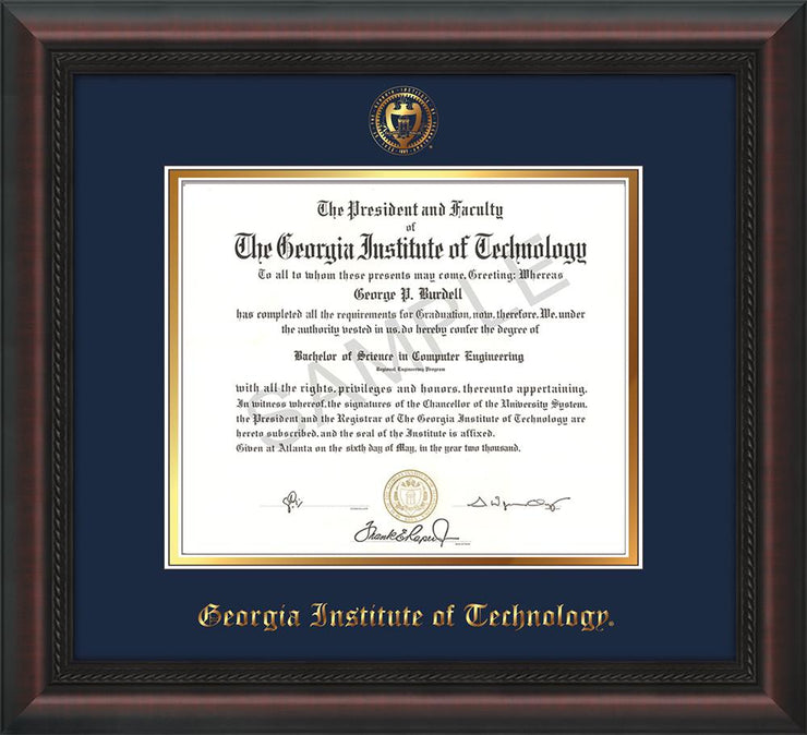 Image of Georgia Tech Diploma Frame - Mahogany Braid - w/Embossed Seal & Name - Navy on Gold mat