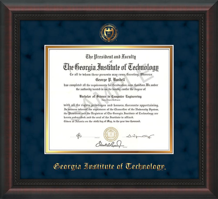 Image of Georgia Tech Diploma Frame - Mahogany Braid - w/Embossed Seal & Name - Navy Suede on Gold mat