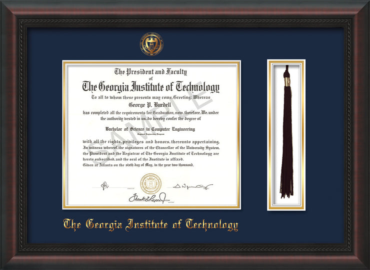 Image of Georgia Tech Diploma Frame - Mahogany Braid - w/Embossed Seal & Name - Tassel Holder - Navy on Gold Mat