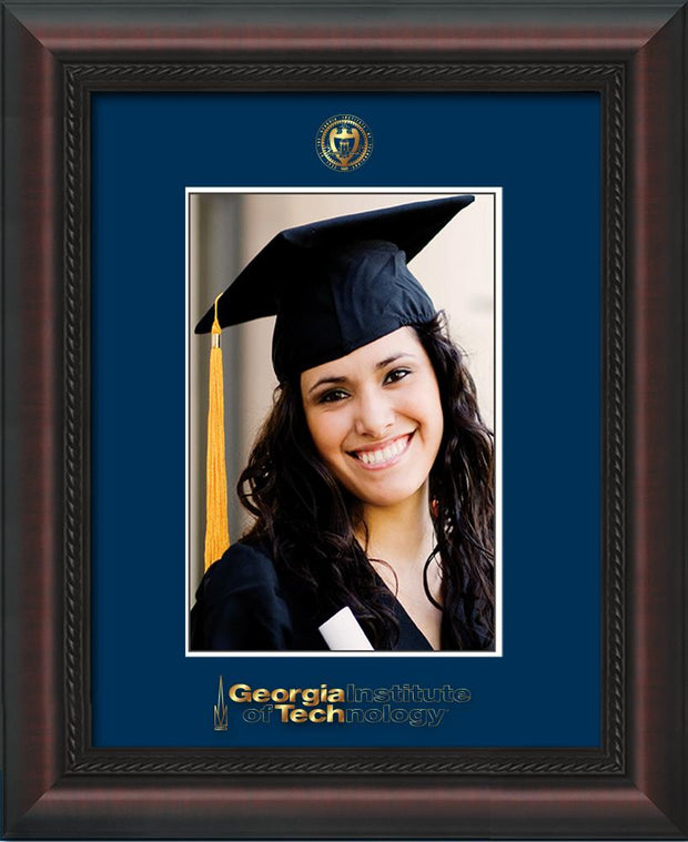Image of Georgia Tech 5 x 7 Photo Frame - Mahogany Braid - w/Official Embossing of GT Seal & Wordmark - Single Navy mat