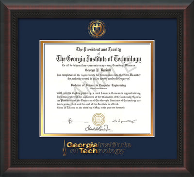 Image of Georgia Tech Diploma Frame - Mahogany Braid - w/Embossed Seal & Wordmark - Navy on Gold Mat