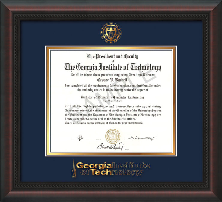 Image of Georgia Tech Diploma Frame - Mahogany Braid - w/Embossed Seal & Wordmark - Navy on Gold Mat