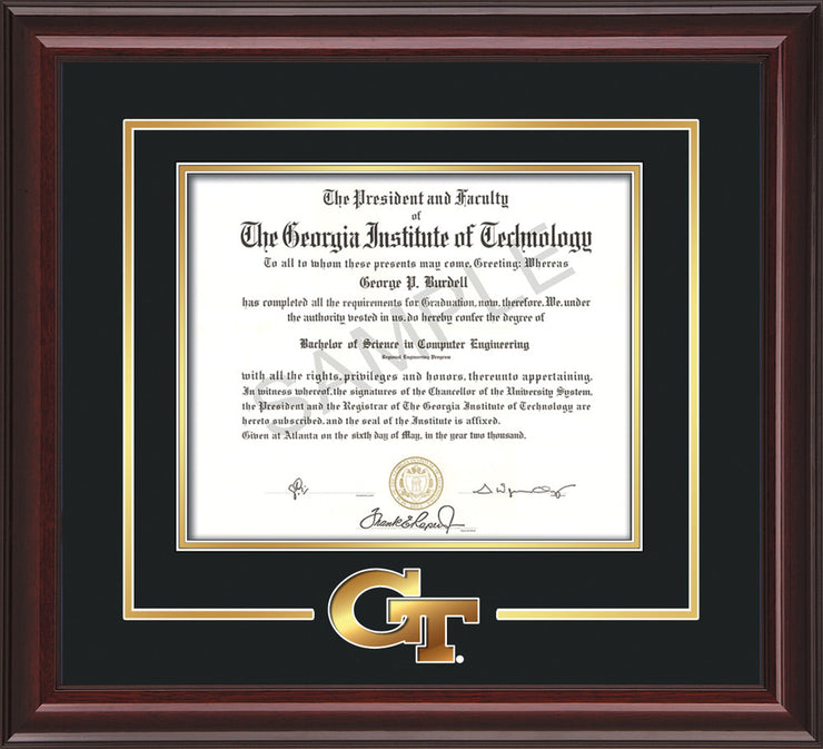 Image of Georgia Tech Diploma Frame - Mahogany Lacquer - w/3-D Laser GT Logo Cutout - Black on Gold mat