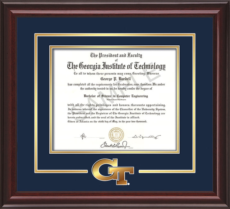 Image of Georgia Tech Diploma Frame - Mahogany Lacquer - w/3-D Laser GT Logo Cutout - Navy on Gold mat