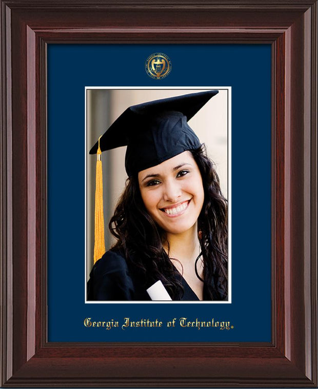 Image of Georgia Tech 5 x 7 Photo Frame - Mahogany Lacquer - w/Official Embossing of GT Seal & Name - Single Navy mat