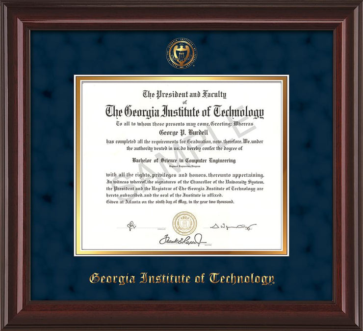 Image of Georgia Tech Diploma Frame - Mahogany Lacquer - w/Embossed Seal & Name - Navy Suede on Gold mat