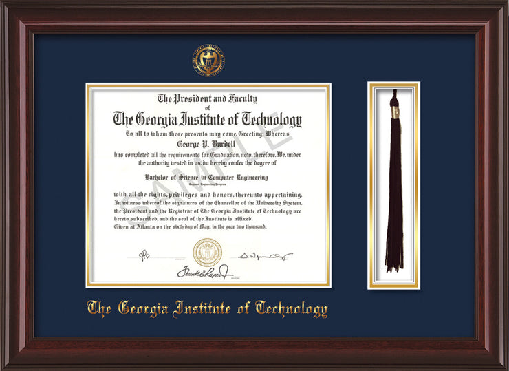 Image of Georgia Tech Diploma Frame - Mahogany Lacquer - w/Embossed Seal & Name - Tassel Holder - Navy on Gold Mat