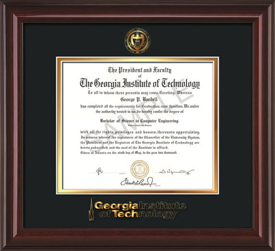 Image of Georgia Tech Diploma Frame - Mahogany Lacquer - w/Embossed Seal & Wordmark - Black on Gold Mat
