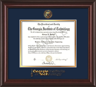 Image of Georgia Tech Diploma Frame - Mahogany Lacquer - w/Embossed Seal & Wordmark - Navy on Gold Mat