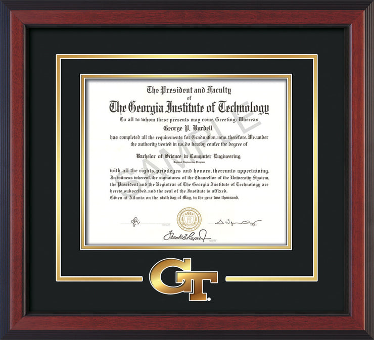 Image of Georgia Tech Diploma Frame - Cherry Reverse - w/3-D Laser GT Logo Cutout - Black on Gold mat