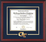 Image of Georgia Tech Diploma Frame - Cherry Reverse - w/3-D Laser GT Logo Cutout - Navy on Gold mat