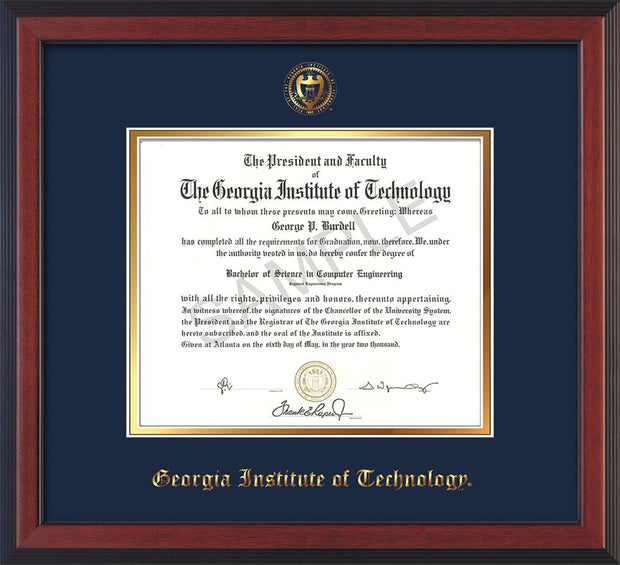 Image of Georgia Tech Diploma Frame - Cherry Reverse - w/Embossed Seal & Name - Navy on Gold mat