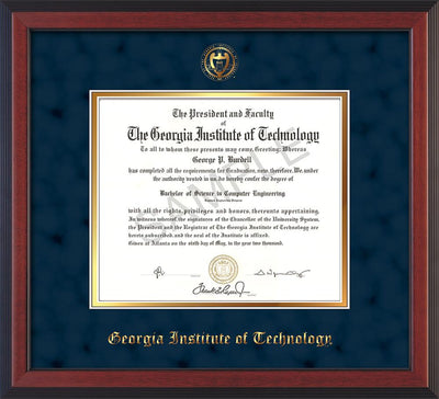 Image of Georgia Tech Diploma Frame - Cherry Reverse - w/Embossed Seal & Name - Navy Suede on Gold mat