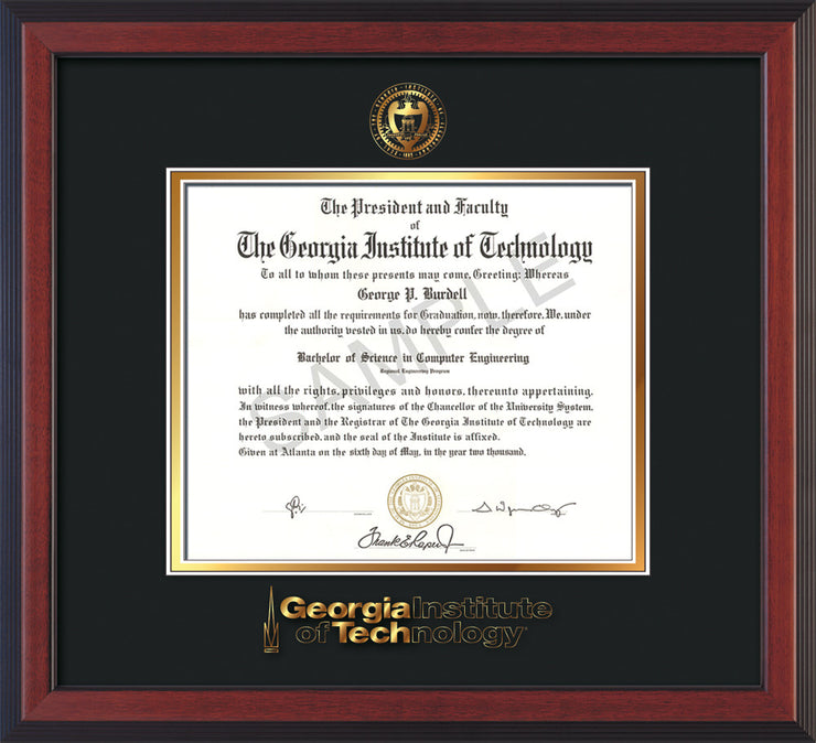 Image of Georgia Tech Diploma Frame - Cherry Reverse - w/Embossed Seal & Wordmark - Black on Gold Mat