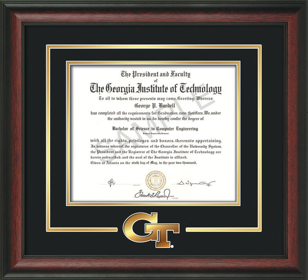 Image of Georgia Tech Diploma Frame - Rosewood - w/3-D Laser GT Logo Cutout - Black on Gold mat