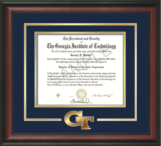 Image of Georgia Tech Diploma Frame - Rosewood- w/3-D Laser GT Logo Cutout - Navy on Gold mat