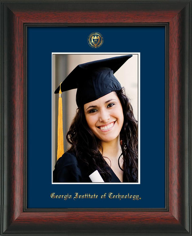 Image of Georgia Tech 5 x 7 Photo Frame - Rosewood - w/Official Embossing of GT Seal & Name - Single Navy mat