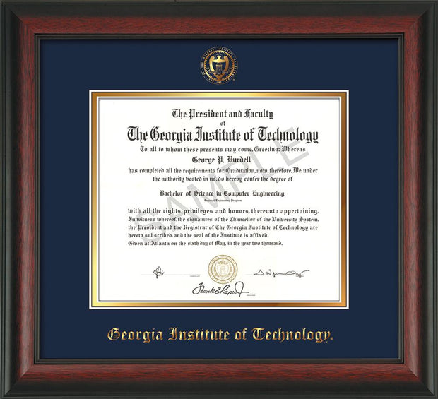 Image of Georgia Tech Diploma Frame - Rosewood - w/Embossed Seal & Name - Navy on Gold mat