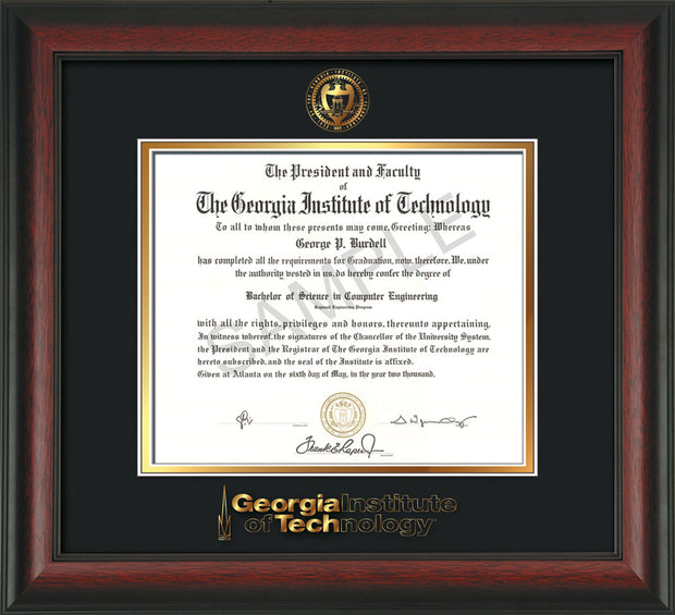 Image of Georgia Tech Diploma Frame - Rosewood - w/Embossed Seal & Wordmark - Black on Gold Mat