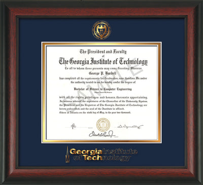 Image of Georgia Tech Diploma Frame - Rosewood - w/Embossed Seal & Wordmark - Navy on Gold Mat