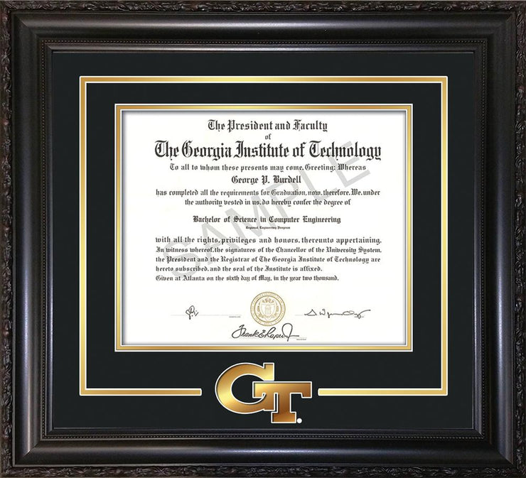 Image of Georgia Tech Diploma Frame - Vintage Black Scoop - w/3-D Laser GT Logo Cutout - Black on Gold mat