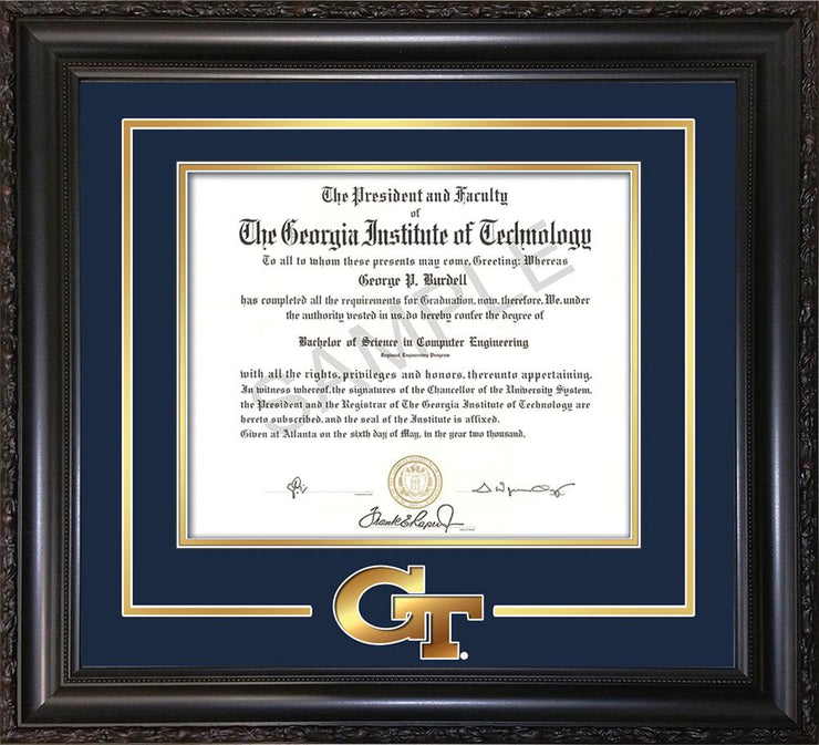 Image of Georgia Tech Diploma Frame - Vintage Black Scoop - w/3-D Laser GT Logo Cutout - Navy on Gold mat