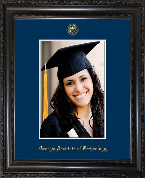 Image of Georgia Tech 5 x 7 Photo Frame - Vintage Black Scoop - w/Official Embossing of GT Seal & Name - Single Navy mat
