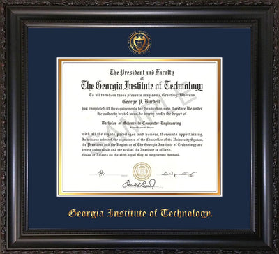 Image of Georgia Tech Diploma Frame - Vintage Black Scoop - w/Embossed Seal & Name - Navy on Gold mat