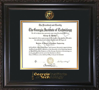 Image of Georgia Tech Diploma Frame - Vintage Black Scoop - w/Embossed Seal & Wordmark - Black on Gold Mat