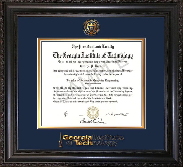 Image of Georgia Tech Diploma Frame - Vintage Black Scoop - w/Embossed Seal & Wordmark - Navy on Gold Mat