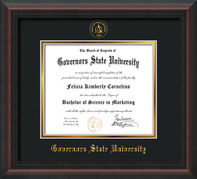 Image of Governor's State University Diploma Frame - Mahogany Braid - w/Embossed GSU Seal & Name - Black on Gold mat