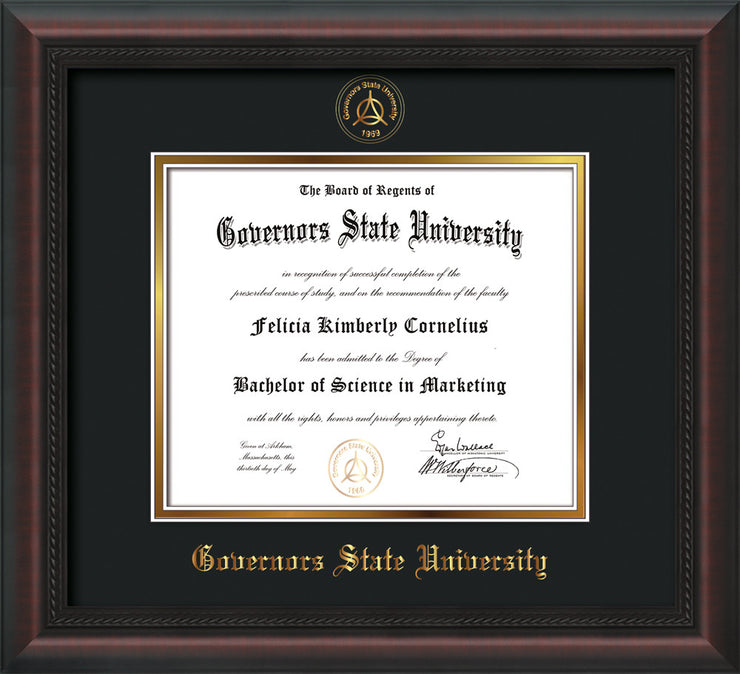 Image of Governor's State University Diploma Frame - Mahogany Braid - w/Embossed GSU Seal & Name - Black on Gold mat