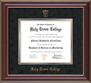 Image of Holy Cross College Diploma Frame - Cherry Lacquer - w/Embossed HCC Seal & Name - Black Suede on Gold mat