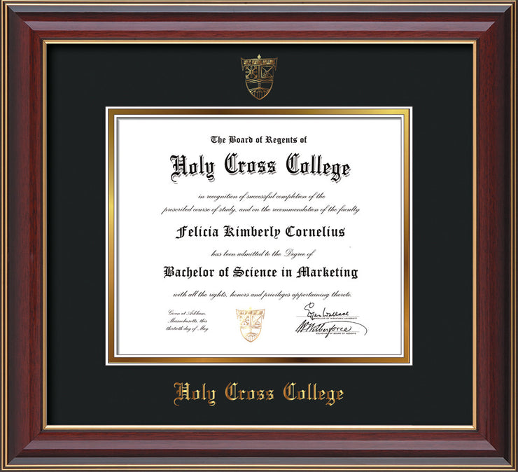 Image of Holy Cross College Diploma Frame - Cherry Lacquer - w/Embossed HCC Seal & Name - Black on Gold mat