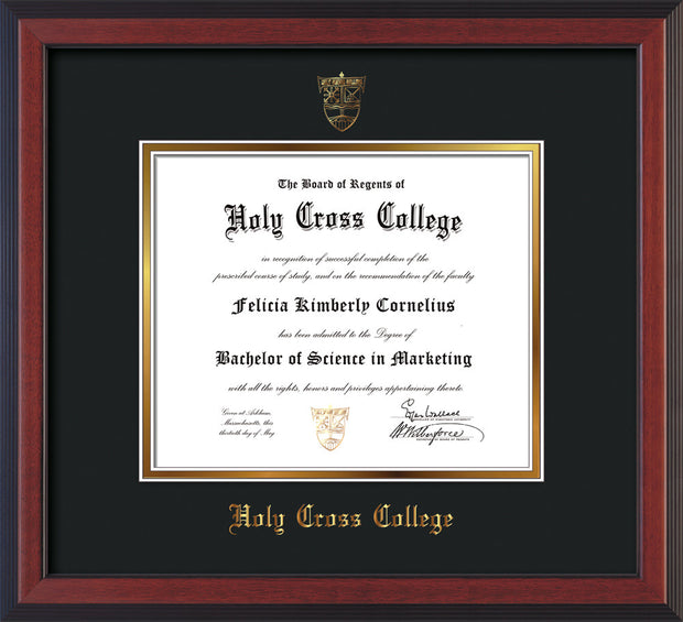 Image of Holy Cross College Diploma Frame - Cherry Reverse - w/Embossed HCC Seal & Name - Black on Gold mat