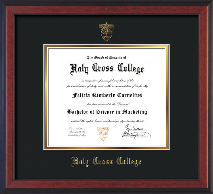 Image of Holy Cross College Diploma Frame - Cherry Reverse - w/Embossed HCC Seal & Name - Black on Gold mat