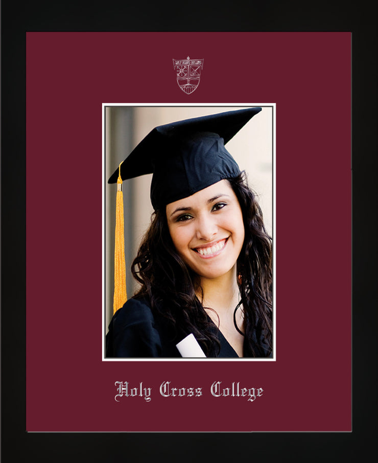 Image of Holy Cross College 5 x 7 Photo Frame - Flat Matte Black - w/Silver Official Embossing of HCC Seal & Name - Single Maroon mat