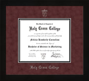 Image of Holy Cross College Diploma Frame - Flat Matte Black - w/Silver Embossed HCC Seal & Name - Maroon Suede on Black mat