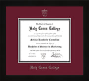 Image of Holy Cross College Diploma Frame - Flat Matte Black - w/Silver Embossed HCC Seal & Name - Maroon on Black mat
