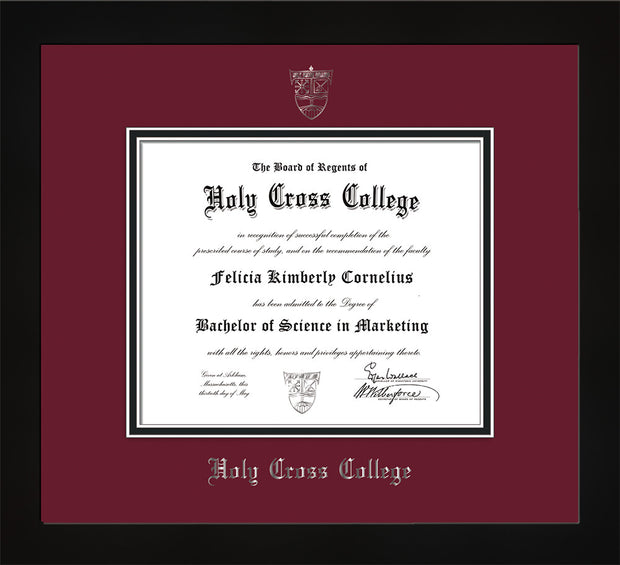 Image of Holy Cross College Diploma Frame - Flat Matte Black - w/Silver Embossed HCC Seal & Name - Maroon on Black mat