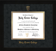 Image of Holy Cross College Diploma Frame - Flat Matte Black - w/Embossed HCC Seal & Name - Black Suede on Gold mat
