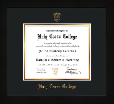Image of Holy Cross College Diploma Frame - Flat Matte Black - w/Embossed HCC Seal & Name - Black on Gold mat