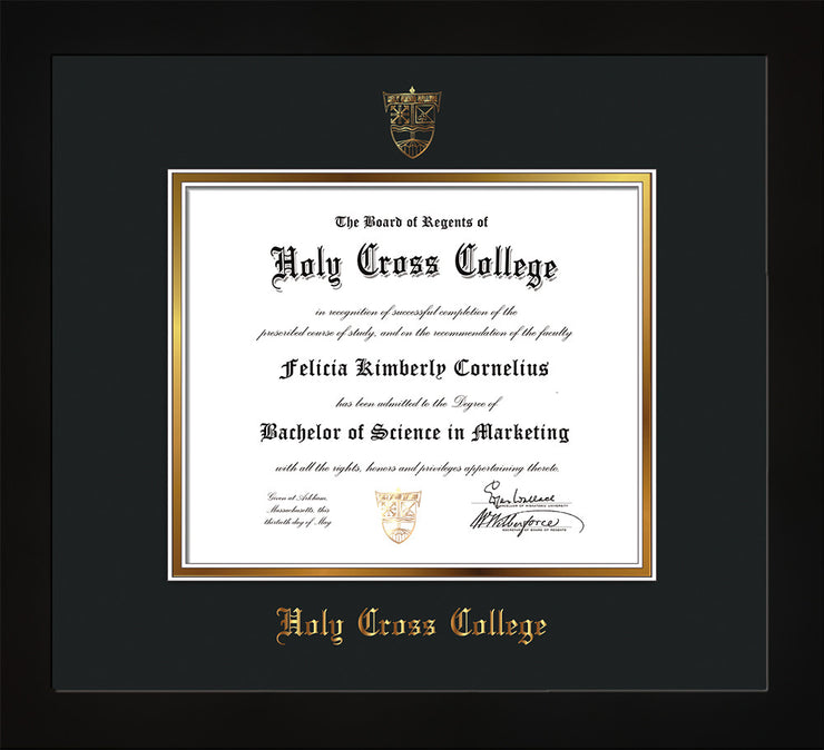 Image of Holy Cross College Diploma Frame - Flat Matte Black - w/Embossed HCC Seal & Name - Black on Gold mat