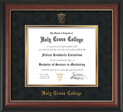 Image of Holy Cross College Diploma Frame - Rosewood w/Gold Lip - w/Embossed HCC Seal & Name - Black Suede on Gold mat