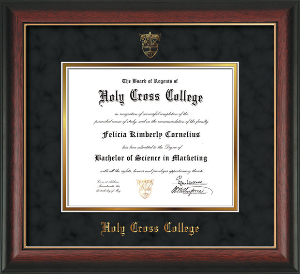 Image of Holy Cross College Diploma Frame - Rosewood w/Gold Lip - w/Embossed HCC Seal & Name - Black Suede on Gold mat