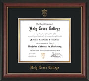 Image of Holy Cross College Diploma Frame - Rosewood w/Gold Lip - w/Embossed HCC Seal & Name - Black on Gold mat
