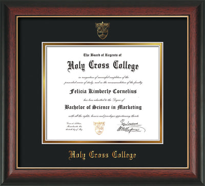 Image of Holy Cross College Diploma Frame - Rosewood w/Gold Lip - w/Embossed HCC Seal & Name - Black on Gold mat