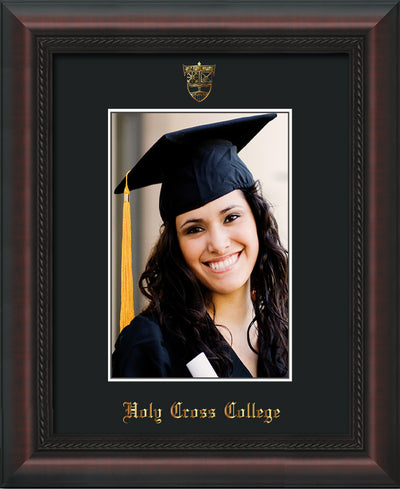 Image of Holy Cross College 5 x 7 Photo Frame - Mahogany Braid - w/Official Embossing of HCC Seal & Name - Single Black mat